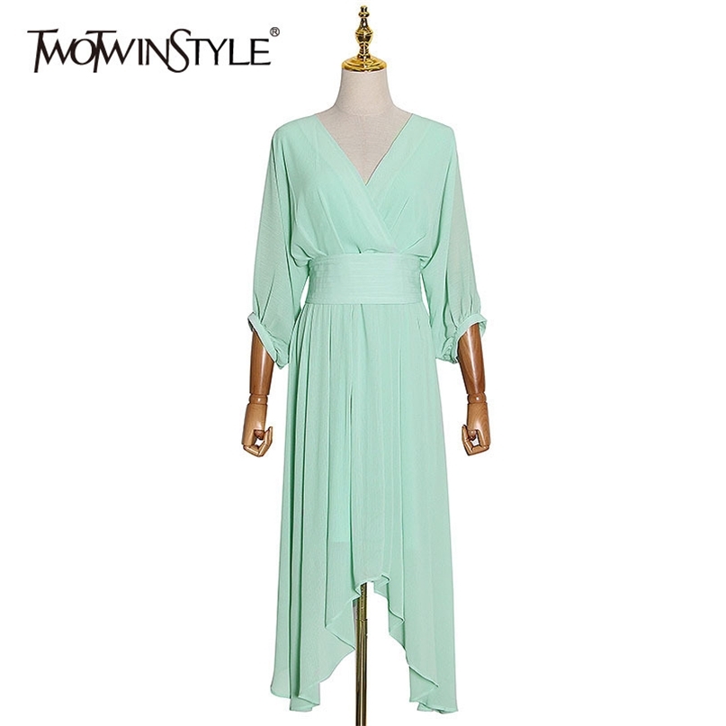 

Elegant Dresses For Women V Neck Lantern Sleeve High Waist Lace Up Ruched Dress Female Summer Fashion 210520, Mintgreen