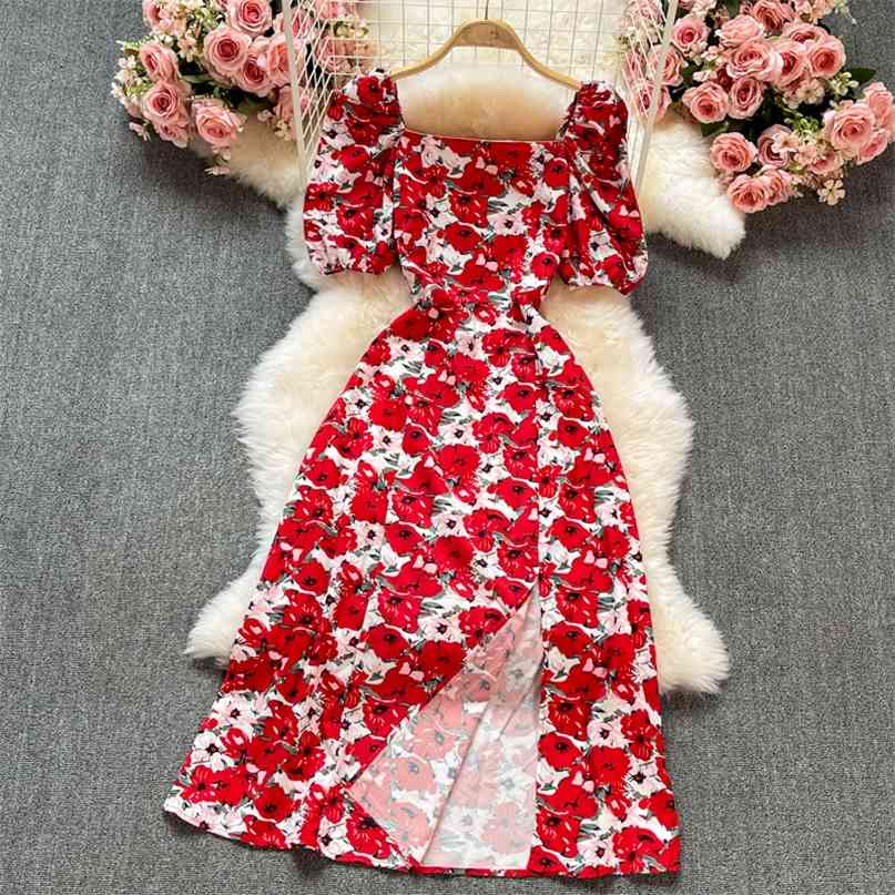 

Red Floral Dress Women French Style Square Collar Puff Sleeve High Waist A-line Mid-calf Bohemian Split Sexy Female Summer 210603, Blue