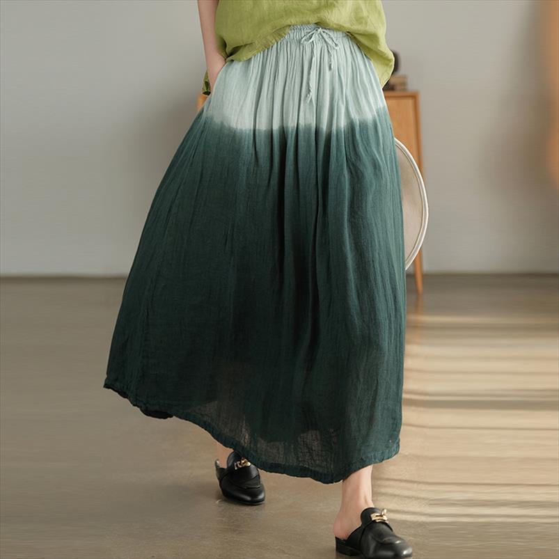

linen tie dye gradient color women skirt casual elastic waist loose all match vintage a line, Black