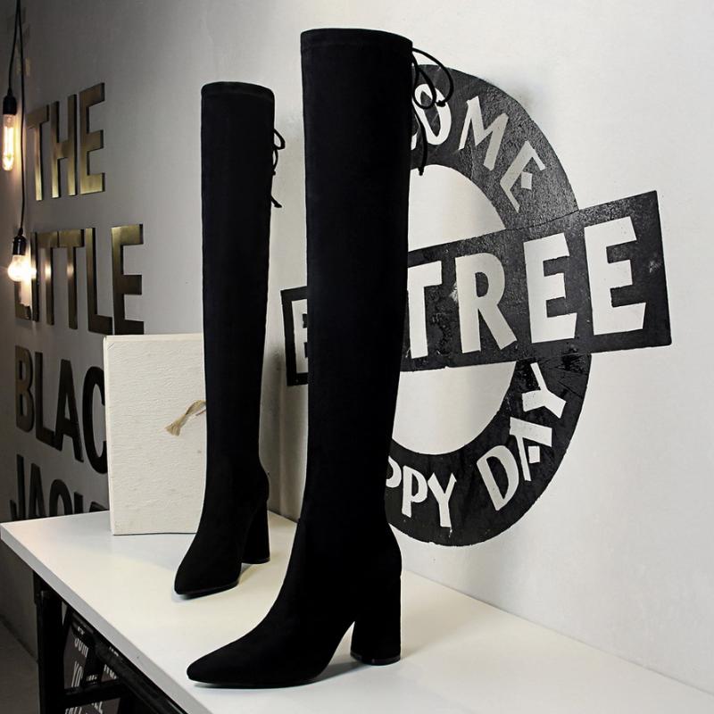 

Boots 2021 Women Over The Knee High Hoof Heels Winter Shoes Pointed Toe Sexy Elastic Fabric Size 34-40, Black brie