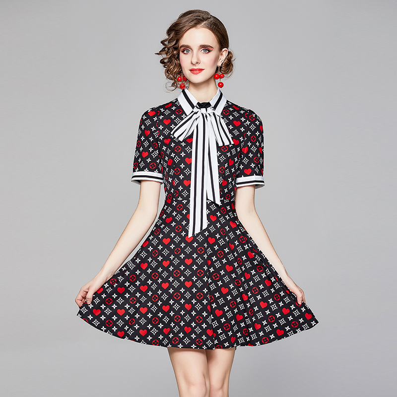 

Latest Classic Printed Shirt Dress Runway 2021 Designer Short Sleeve Lapel Ribbon Bow Holiday Prom Office Ladies Mini Dresses Summer Autumn, Black;gray