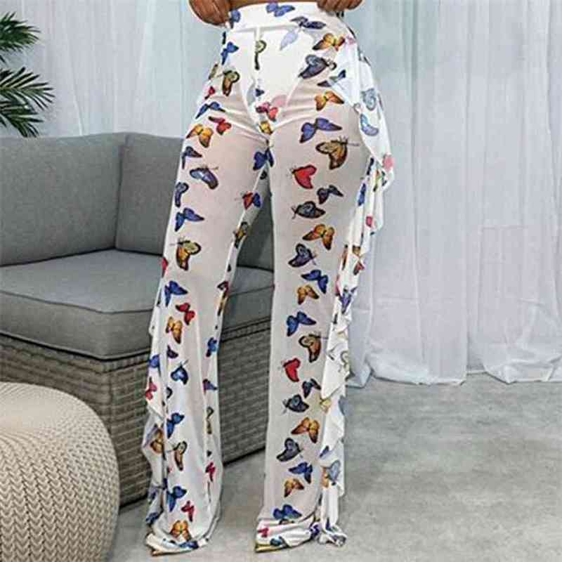 

Women's Ruffle Full Pants Mesh See-through Loose Wide Leg Trousers Fashion Casual Daily Sexy Transparent 210517, White