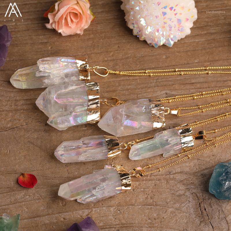 

Titanium AB Natural White Quartz Irregular Point Pendant Gold Chains Necklace For Women Crystal Beads Adjustable, Silver