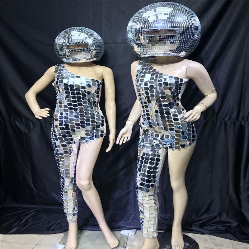 

Party Decoration K111 Dance Led Costumes Silver Mirror Bodysuit Dj Headpiece Glass Ball Helmet Dress Bar Wears Outfits Rave Show