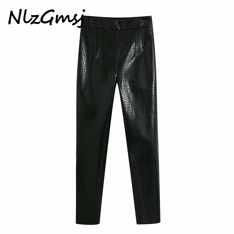 

Women Chic Fashion Faux Leather Skinny Fit Pants Vintage High Waist Side Zipper Female Ankle Trousers Mujer 210628, As picture