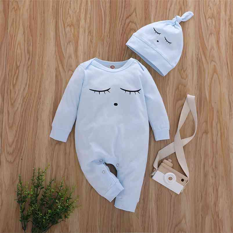 

Winter Style Infant born Baby Romper Long Sleeve Print Cute Eyes Hat Jumpsuits Babys Clothes Outfits 0-24M 210629, Blue