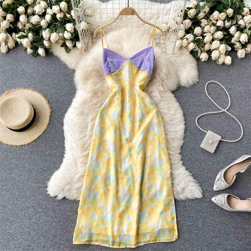 

Summer Women Patchwork Spaghetti Strap V-neck Party Dress Sexy Sleeveless High Waist Floral Print Split Holiday Beach Dresses 210603, Yellow
