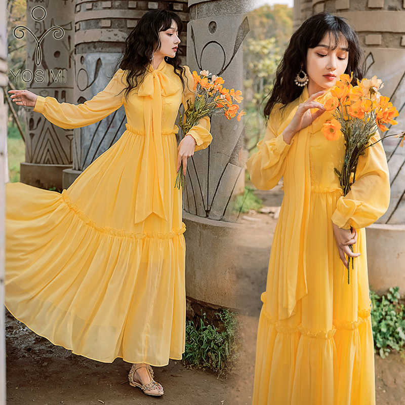 

YOSIMI Long Women Dress Spring Summer Maxi Bow Neck Ankle-Lenght Sleeve Yellow Chiffon Elegant Vestido Feminino 210604