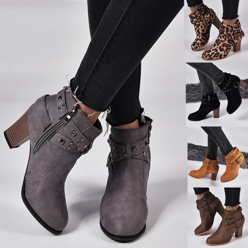 

Boots Fashion Women Suede Suqare Heels Zipper Rivets Short Booties Round Toe Shoes Female Winter Warm Plus Size M50#, Kh