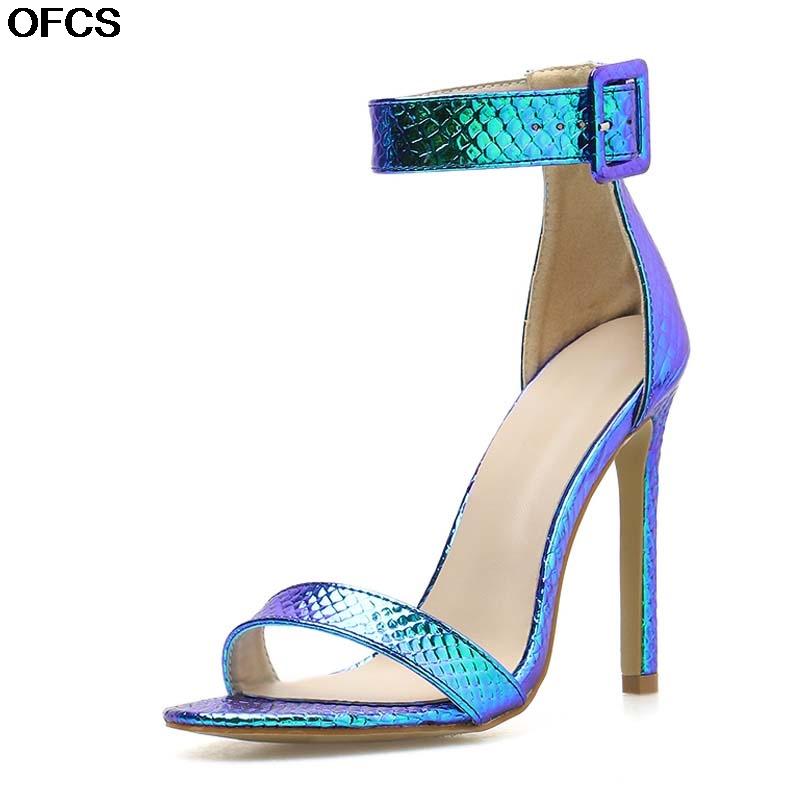 

High Heel Women Sandals Summer Silver Blue Serpentine Peep Toe Sexy Buckle Strap Ankle-wrap Ladies Club Shoes, Black