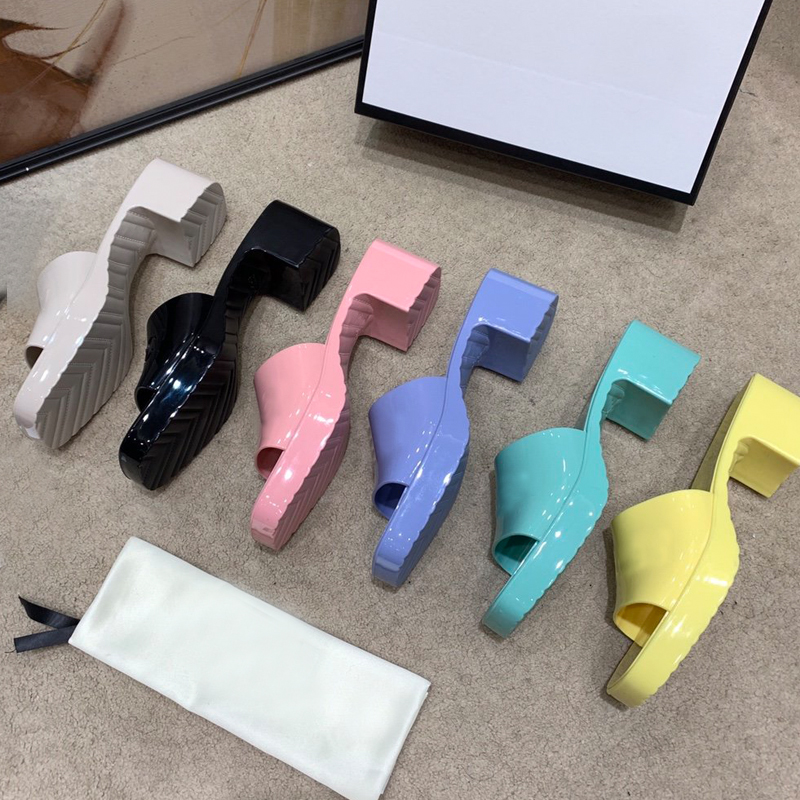 

T125a Candy Color Jelly Platform Slides Women slippers Shoes sandals Summer Square Open Toe Block Heels Mules Outdoor Beach Dress, Only box (not sold separately)