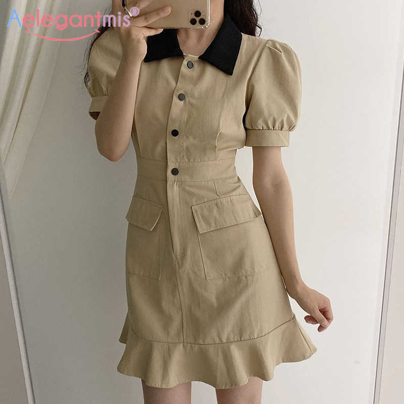 

Aelegantmis Elegant High Waist Slim Office Dress Women Short Sleeve Mini Ruffles Dresses Female Turn-down Collar Vestidos 210607, Khaki