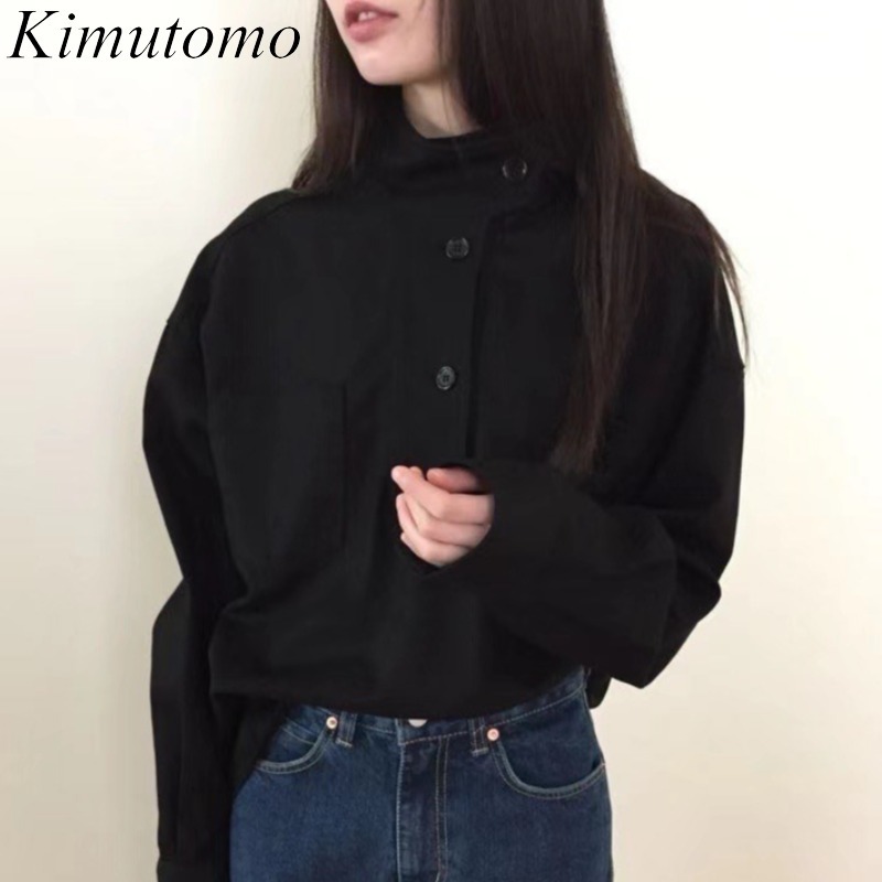 

Kimutomo Casual Stand Collar Blouse Shirt Spring Fashion Women Solid Wild Buttons Pockets Long Sleeve Tops Outwear 210521, Black