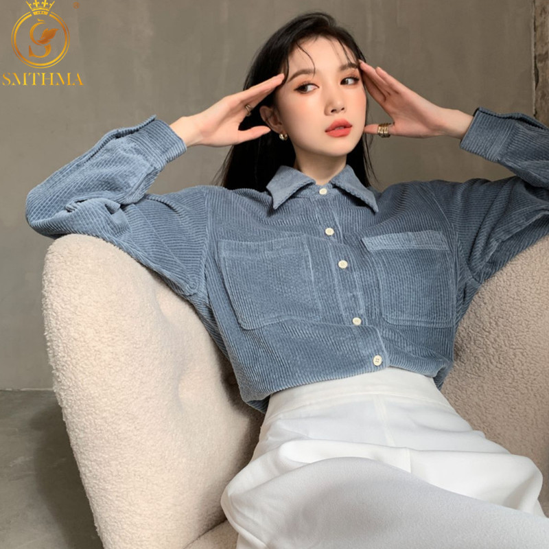 

Loose Corduroy Shirts For Women Turn-Down Collar Solid Female Tops Spring Blouses Camisas De Mujer 210520, Picture color