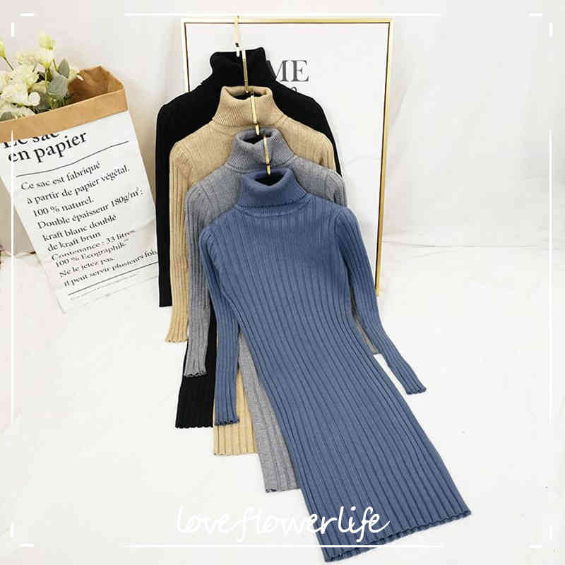 

Long Sleeve Sweater Dress Women Autumn Winter Turtleneck Ladies Slim Bodycon Knitted Dress Knee Length Bottoming Dresses 210521, Denim blue