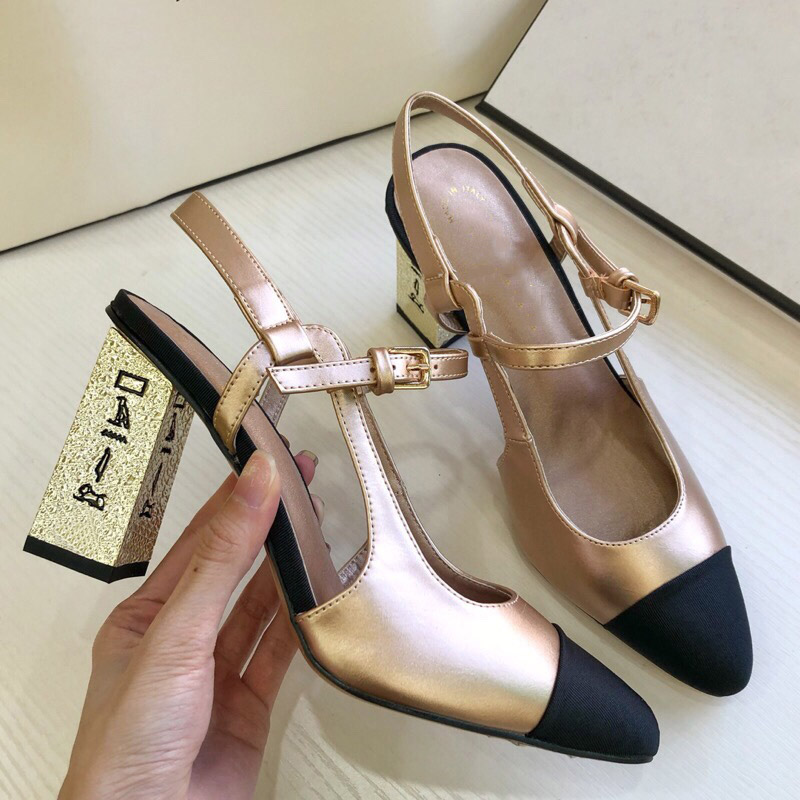 

Designer Gold Plating Chunk Heel Dress Shoe Sandals Paris Women Genuine Leather Sheepskin Artistic Carving High Heels Sexy Pointy Sandal Lux, Black