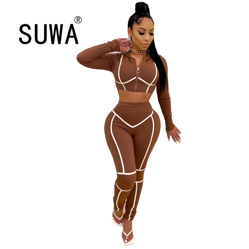 

Sports Women Fall Winter Clothing Sets Hooded Zipper Tops Jogger Sweatpant 2 Pieces Active Matching Set Fitness Outfits 210525, Brown