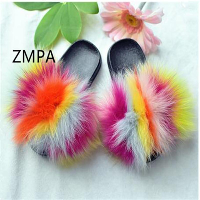 

Slippers Women's Summer Furry Fur Flip Flops Children's/Woman Real Ladies/Kids Fluffy Plush Slides Female Sandals, Black