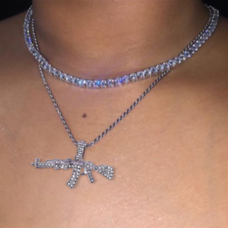 

Gold Silver Color Multi Layered Rhinestone Tennis Choker Necklace For Women Shining Crystal AK47 Gun Pendants Long Chain Jewelry