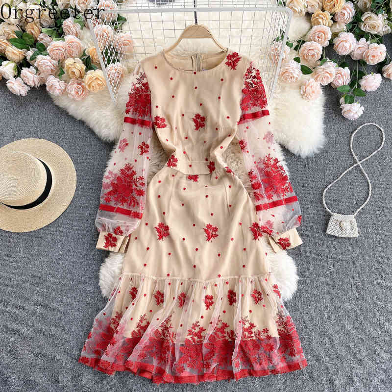 

High Quality Floral Embroidery Red Mesh Dress Women Summer Fall Long Lantern Sleeve Pleated Hem Knee-length Vestidos 210525