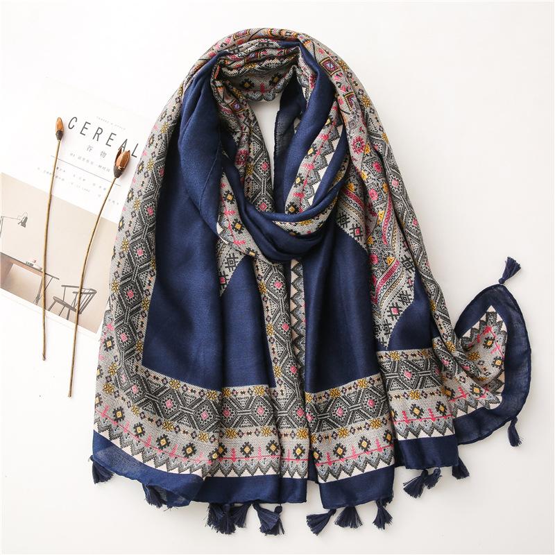 

Berets Fashion Autumn Women Viscose Scarf Bohemian Aztec Tassel Beach Hijab Shawls And Wraps Female Foulards Echarpe Muslim 180*90Cm, Blue;gray