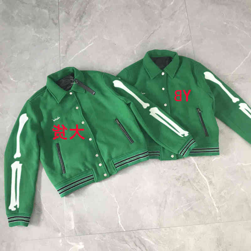 

New 21fw Am Fashion Brand Bone Embroidered Baseball Suit Wool Coat Pilot Jacket for Men and Women, Green