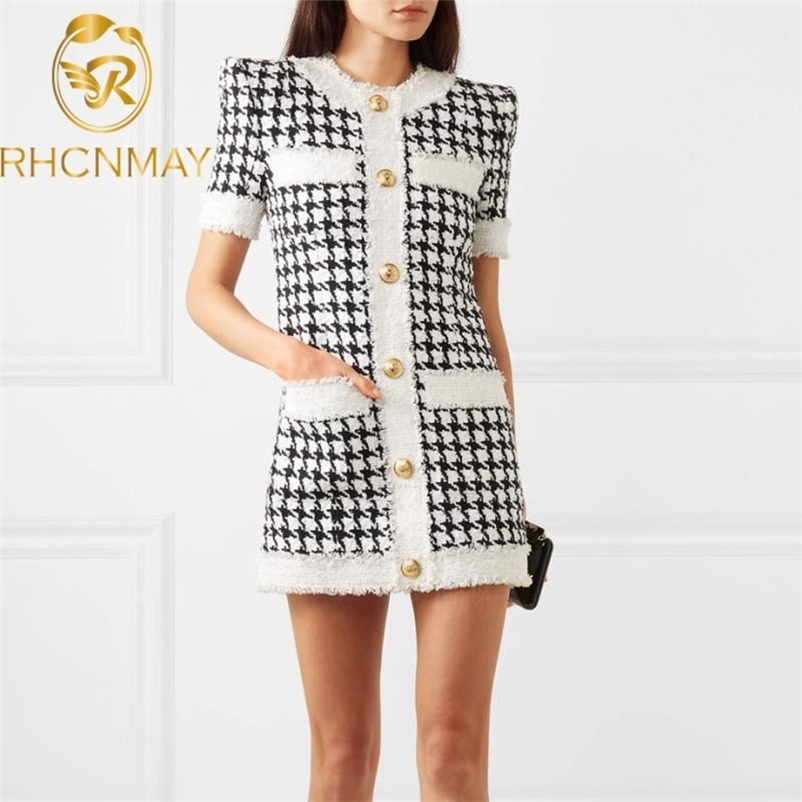 

Fashion Runway Jacquard Summer Dress Elegant Women Vintage Black White Houndstooth es Ladies knitted 210520
