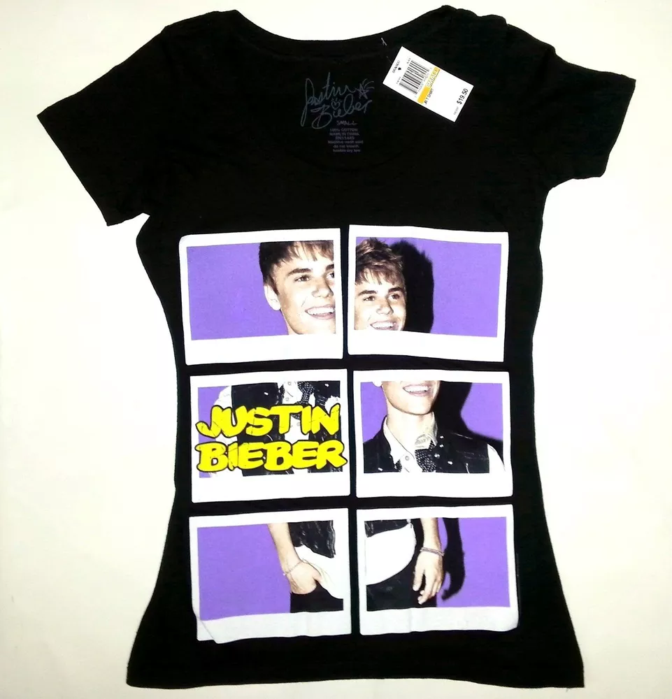 

Justin Bieber Polaroid Puzzle Girls Women's T-Shirt NWT Licensed & Official, White;black