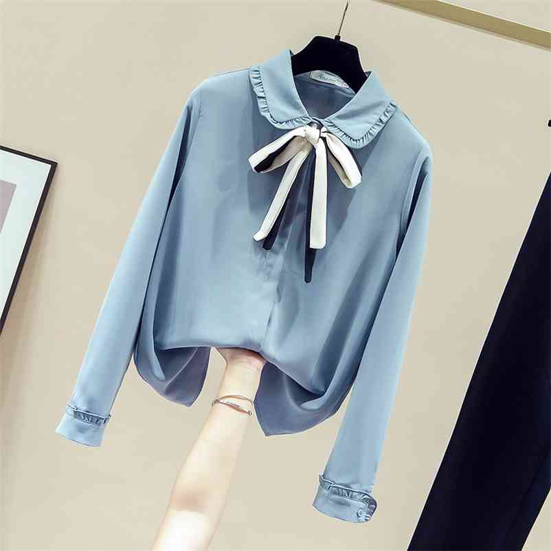

Autumn Women's Doll Collar Bow Long Sleeves Casual Shirt Ladies Female All-match Shirts Girls Students Blouse Tops A3709 210519, White