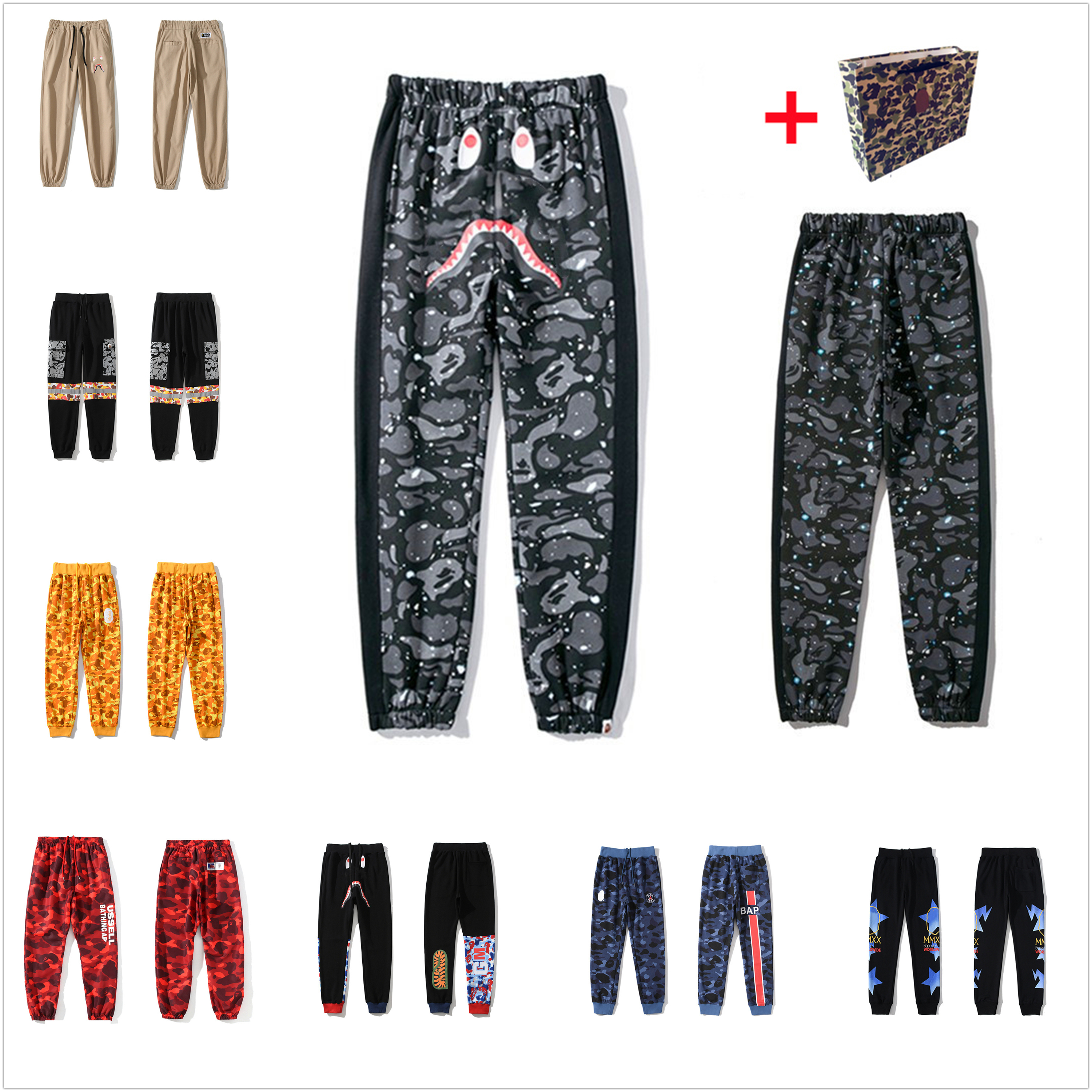 

Men's Pants camouflage Luminous multi-layer stitching high quality trousers women's and footwear Bring tote bag 0201, Black