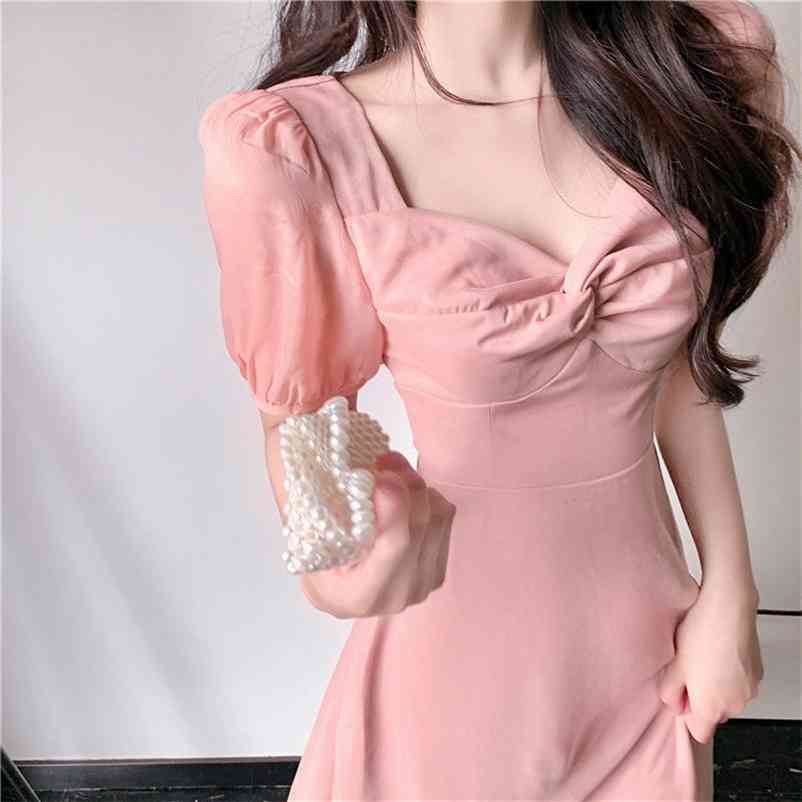 

Women Summer Puff Sleeves Square Collar Solid High Waist Retro Dresses Female Casual Slim Vintage Dress Vestidos 210519, Pink