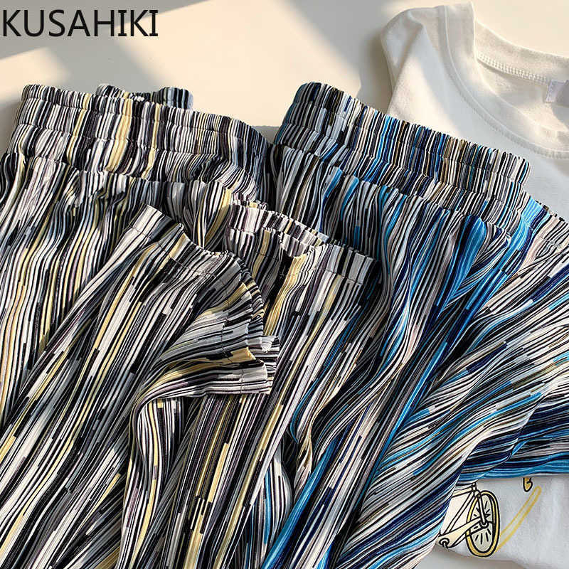 

KUSAHIKI Spring Autumn Women Pants Korean Hit Color Striped Long Trousers Causal Stretch High Waist Wide Leg Pants 6F542 210602, Blue