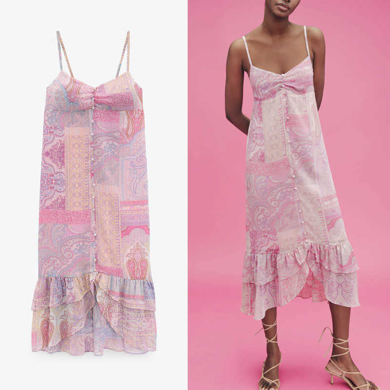 

Za Dress Women Retro Paisley Print Sexy Backless Party Dresses Spaghetti Straps Ruffle Asymmetrical Midi Summer Dress 210602, As picture