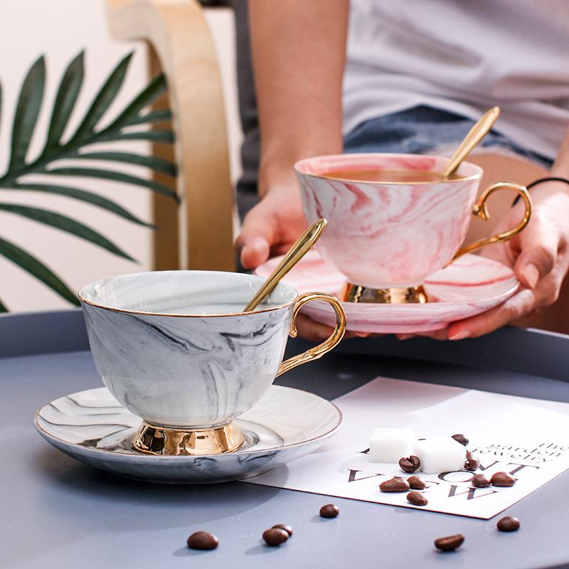 

Cups & Saucers Marble Coffee Cup And Saucer Set With Spoon Glod Handle Ceramic Tea Water Porcelain Office Latte Cappuccino Mugs Drinkware