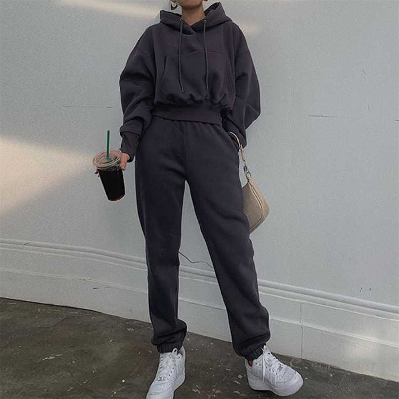 

Hoodies Suit Winter Spring Solid Casual Tracksuit Women Fleece 2 Pieces Set Sports Sweatshirts Pullover Home Sweatpants Outfits 211106, Black pants