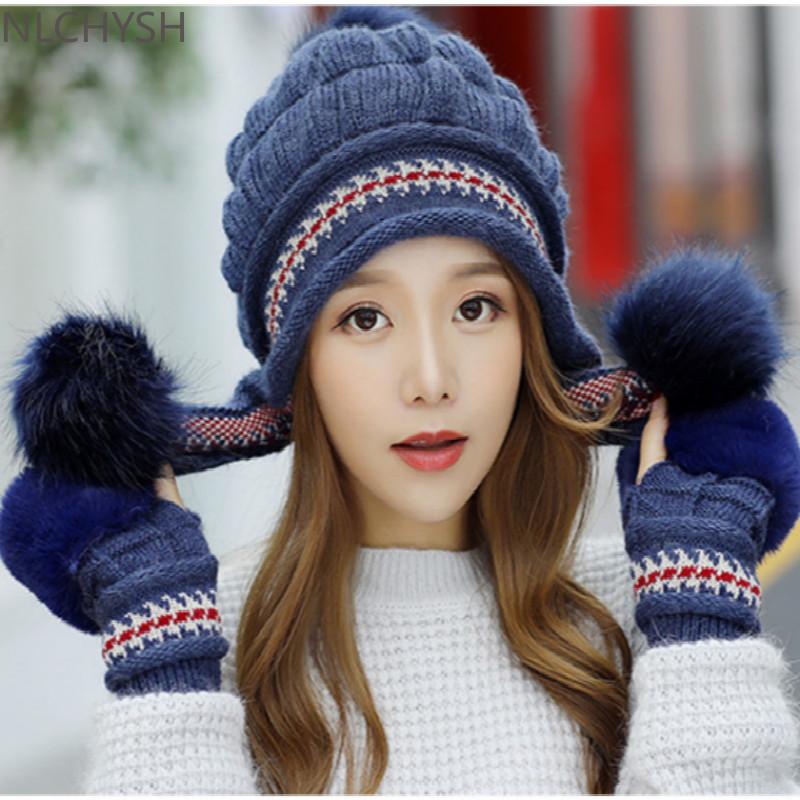 

Hats, Scarves & Gloves Sets Faux Fur Winter Hat Solid Thick Warm Earflap Women Cap Set Fashion Outdoor Windproof Ear Flap Beanie Bonnet