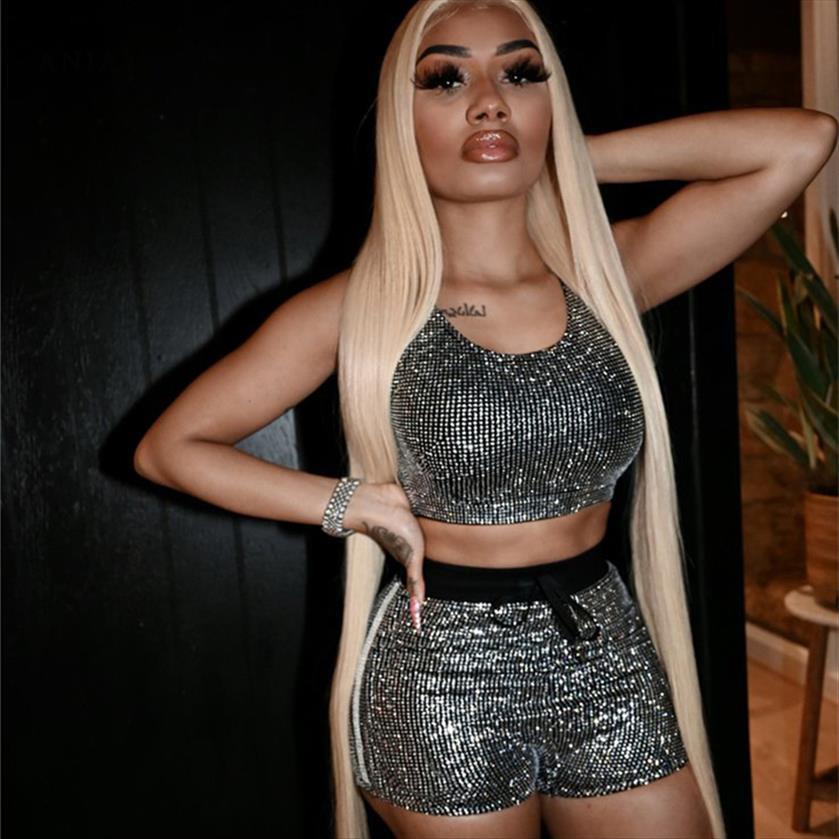 

glitter 2 piece set womens tracksuits summer outfits clubwear crop short suits vacation tracksuit d44 ce17, Gray