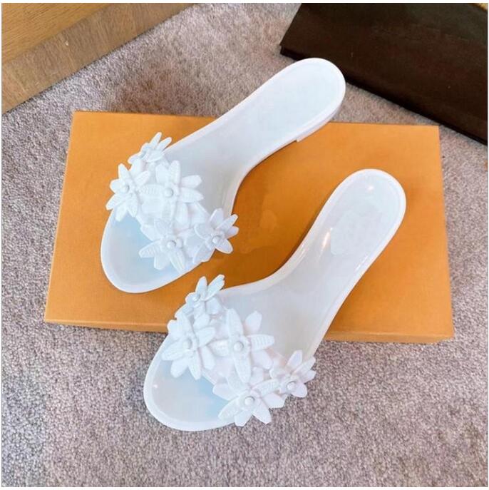 

2021 Summer Beach Slippers Woman Flower Sandals Mujer Candy Color PVC Latex Camellia Open Toe Flat Sole Muler Ladies, Black