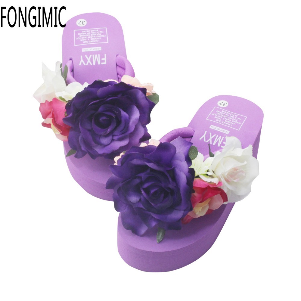 

Summer Women Slippers Bohemia Sho Comfortable Soft High Quality Cool Beach Vacation Elastic Handmade Flowers, Navy purple