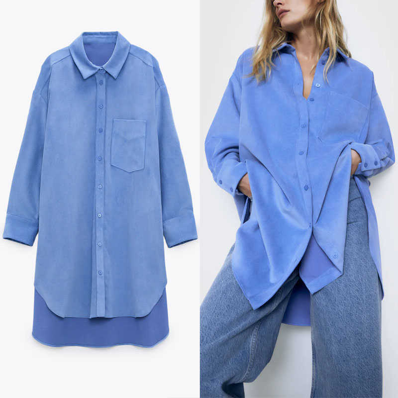 

Za Fine Waled Corduroy Oversized Shirt Women Long Sleeve Roomy Irregular Long Blue Shirts Woman Chic Plus Size Office Top 210602