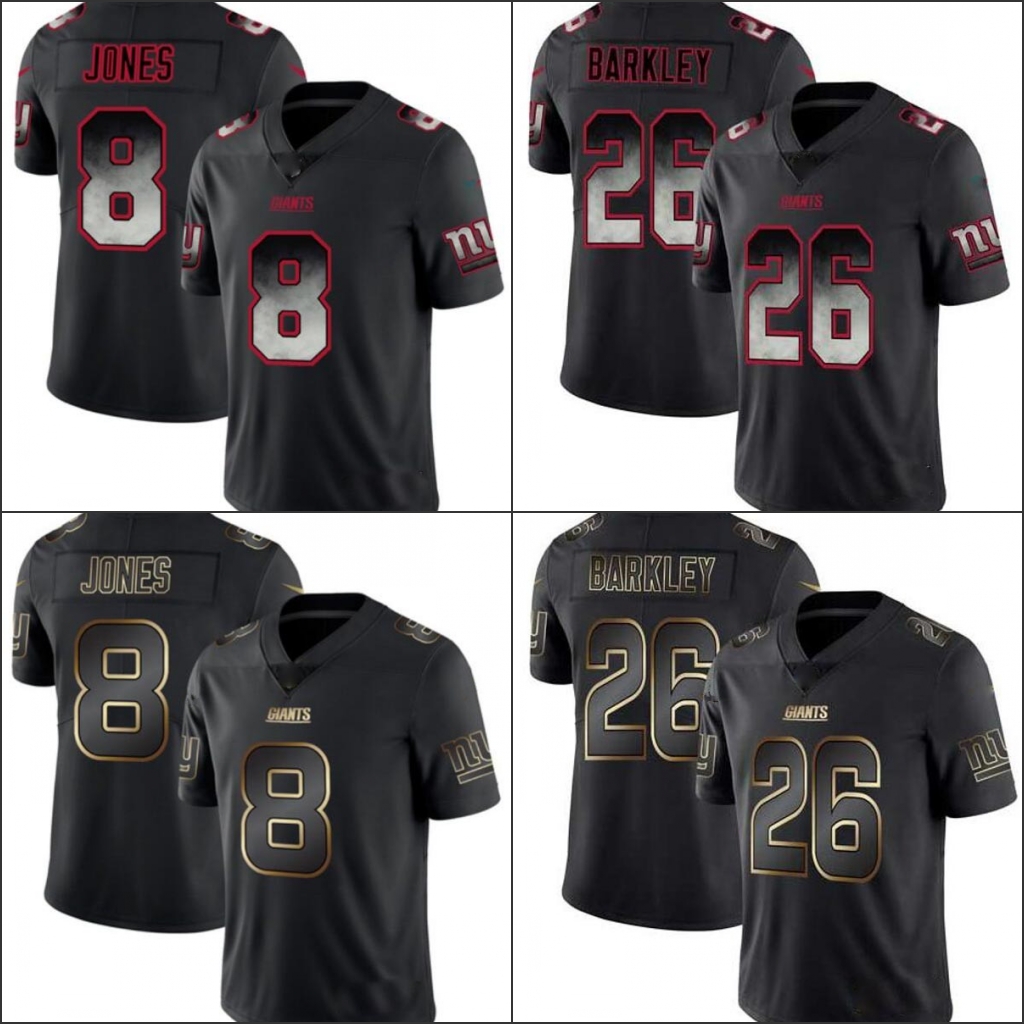 

New York''Giants''Men Limited #8 Daniel Jones 26 Saquon Barkley Smoke Fashion Women Youth Black Golden Jersey, Black;red