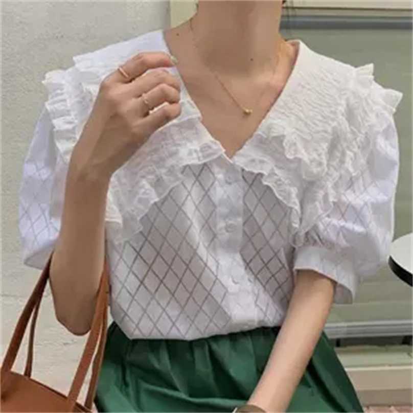 

Basic OL Summer Gentle Plaid All Match Ruffles High Street Girls Casual Femme Short Sleeves Sweet Shirts 210525, White