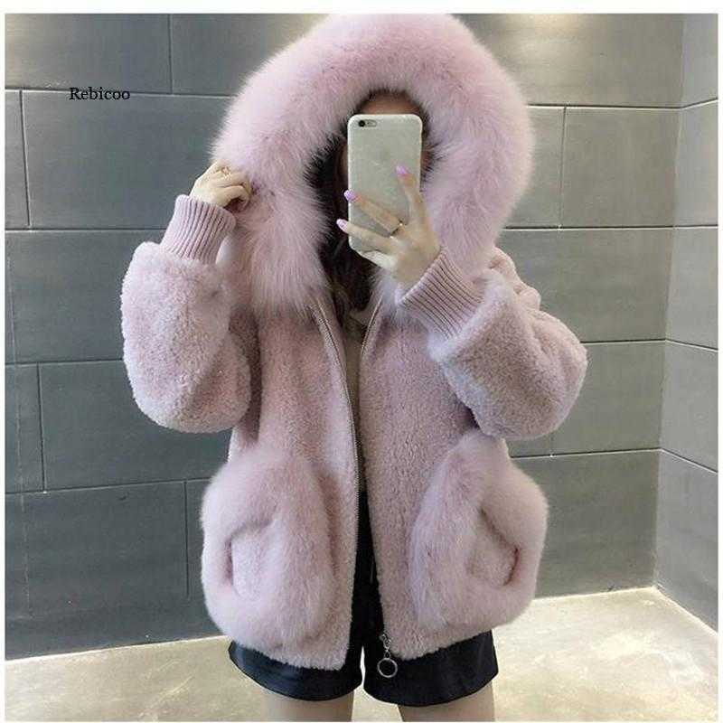 

Large Fur Collar Hooded Short Wool Coat Fur Decoration Loose Plush Coat Fox Fur Hood Pink Cute Wind Woman Winter Zipper Jacket G1015, Black