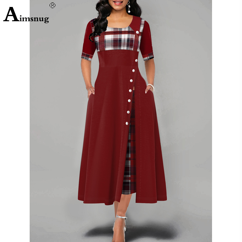

2021plus size 4xl 5xlvwomen elegant long plaid print party dresses irregular ladies vintage button dress patchwork a-line, Black;gray