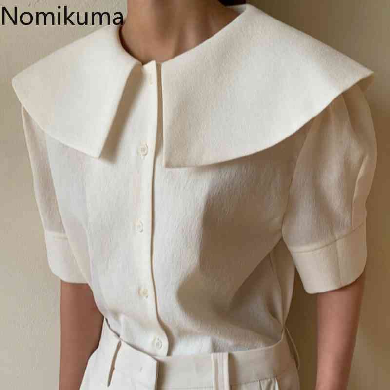 Nomikuma Korean Chic Summer Womens Tops Puff Sleeve Turn-down Collar Blouses Causal Solid New Elegant Blusas Shirt 6H498 210427
