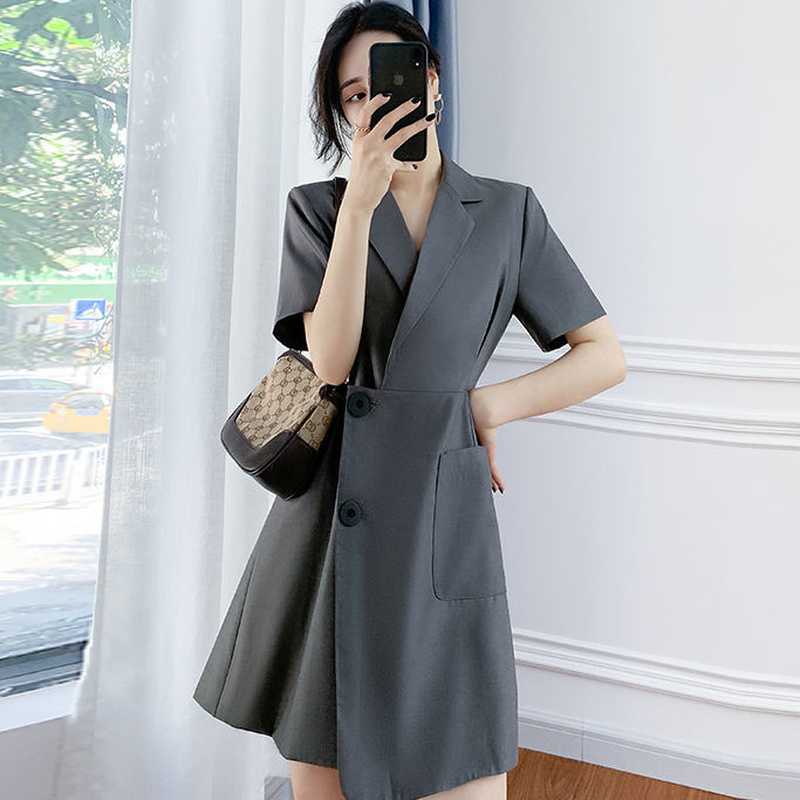

Blazer Dress Ladies Summer French Elegant Office Lady Pocket Casual High Waist Designer Party Korean 210604, Grey mini dress
