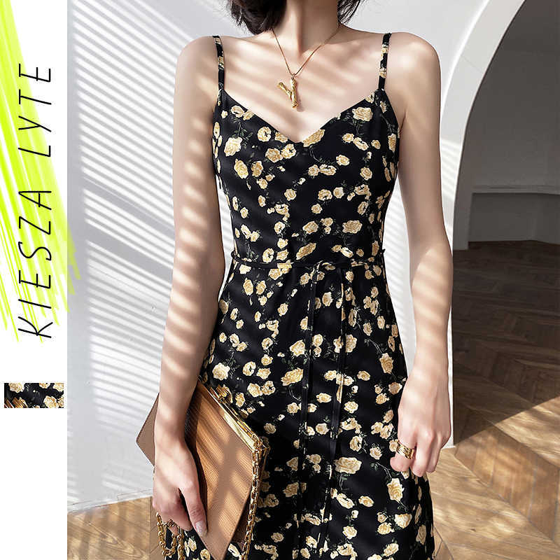 

elegant floral strap dress for women summer sexy french vintage v neck sleeveless spaghetti high waist dresses 210608