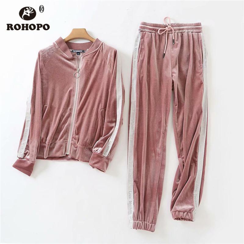 

Two Piece Dress ROHOPO Velvet Thick Autumn Winter Hoodies And Pant Set Black/Pink Side Striped Long Sleeeve Hooded Collar Ladies Suit #5263, 5265