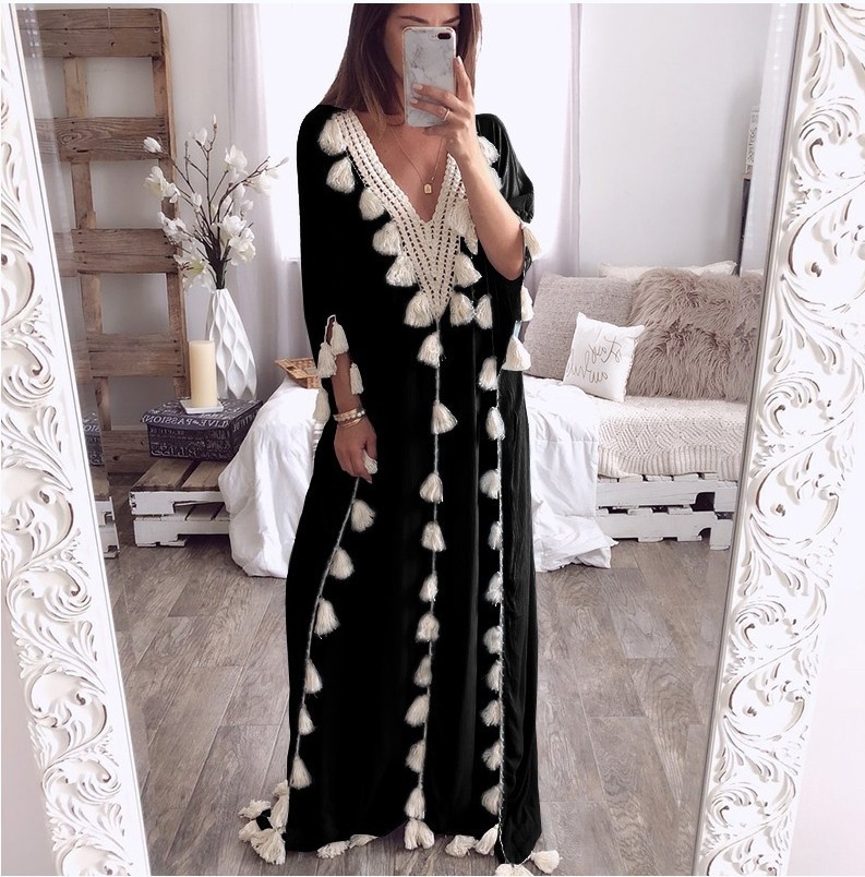 

Dubai Turkey Muslim Abaya Dress Women Boho Summer Tassel Moroccan Kaftan Sundress Islamic Clothing Plus Size Ropa Long Robes