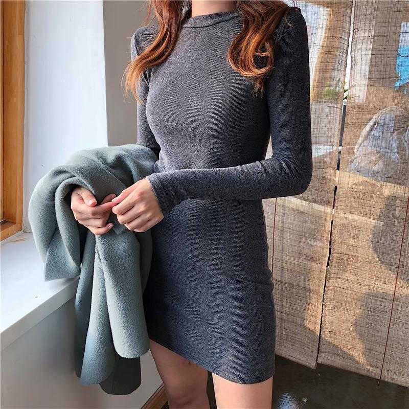

Korean women's round neck slim pullover long-sleeved knitted dress female bag hip base Knee-Length 210603, Apricot